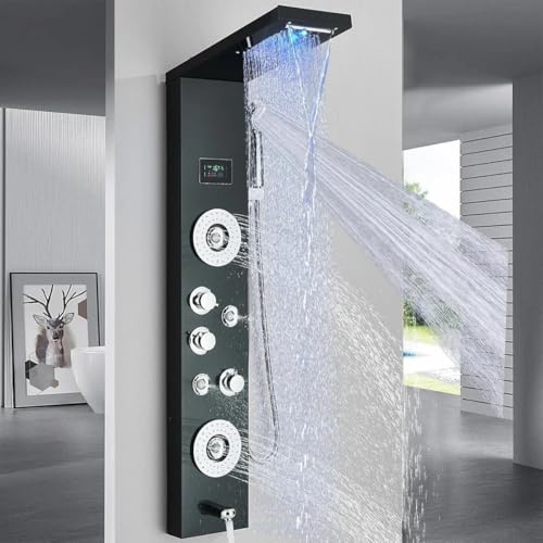 Panel de Ducha con Hidromasaje, Sistema de Ducha de Pared de Acero Inoxidable Cepillado, 5 Funciones con Pantalla LCD, Negro