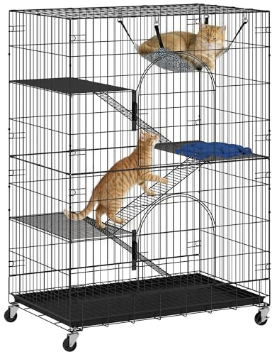 PawHut Gabbia per Gatti Grande 4 Livelli con Ruote, in Metallo Nero
