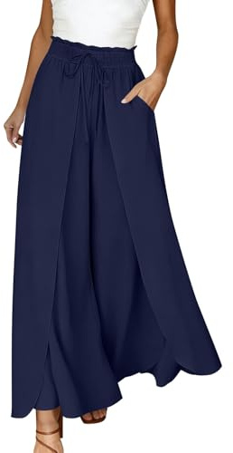 Générique Pantalon Femme Été Fluide Chic Pantalon Palazzo Long Effet Jupe Femme à Volants Taille Haute à Cordon Jambes Larges Pantalons avec Poches Décontracté Confortable pour Vacances Plage