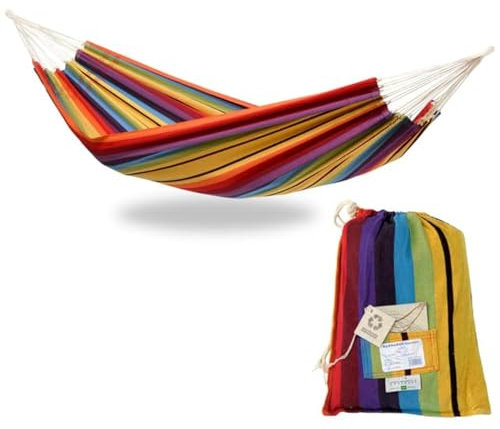 AMAZONAS Klassische Hängematte XL Barbados Rainbow handgefertigt in Brasilien bis 200 kg Belastbarkeit mit 230 x 150 cm für 1-2 Personen in Buntgestreift Gesamtlänge 340 cm