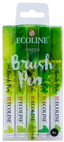 Ecoline Brush Pen-Set mit 5 flüssigen Aquarellstiften – Grüntöne | Mischbare Pinselstifte für Handlettering, Zeichnen und Basteln