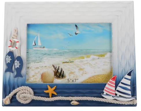 BESPORTBLE Mediterraner Bilderrahmen 7 Zoll für Foto, Blau | Nautischer Fotohalter für Tischdekoration und Wohnraum, Schützt Bild, Frischer Stil, 1 Stück