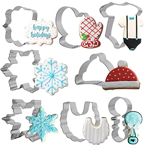Juego de cortadores de galletas de copo de nieve de acero inoxidable, moldes de galletas para Navidad, invierno, baby shower, con gorro, manopla, body de bebé, sonajero, babero, placas de fotos,