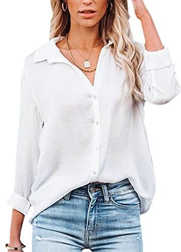 NONSAR Blusa para Mujer de Manga Larga y, Cuello de Pico, con Botones, Elegante, Informal, para Trabajo, Camisa de Manga Larga, Blanco, XXL