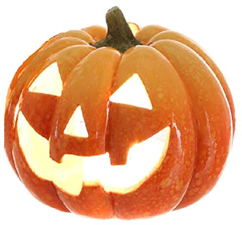 ETC dekoratives herbstliches Dekoobjekt Kürbis als Windlicht aus orangefarbiger Keramik glänzend (klein rund flach ca. 12 cm hoch)