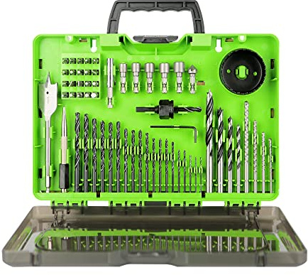 Greenworks Set di 60 punte di perforazione e guida in ossido nero con custodia modulare per legno, metallo, plastica e muratura, 3 volte più lunga durata, 135 ° punto diviso, fresato con precisione