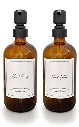 Amber Glass Soap Dispensers - Silver Stainless Steel Pump - Hand Wash and Hand Lotion Dispenser Set - Hand Wash and Hand Cream Dispenser Set - Kitchen or Bathroom - 500ml - Waterproof Labels