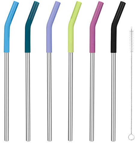 Zenbo Set of 6 Stainless Steel Reusable Metal Straws with Silicone Flex Tip Elbow,6 Steel Straws,6 Silicone Tips,1 Straw Cleaning Brush,for 30 oz and 20 oz Cups, Dishwasher Safe