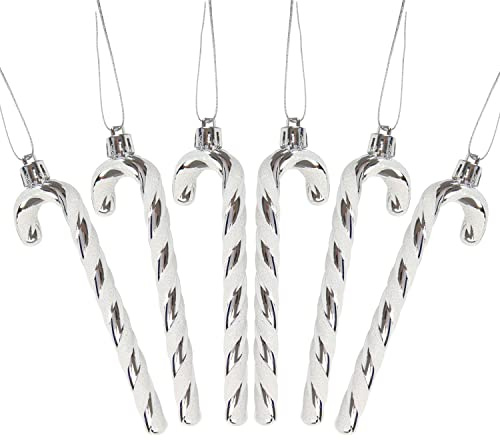 DERAYEE Lot de 6 décorations de Noël en forme de canne à sucre en plastique avec paillettes - Décorations pour arbre de Noël - Argent et blanc - Pour fournitures de fête de Noël et de Nouvel An