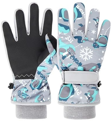 FAYHIJUN Gants de Ski Enfants moufle Chaud Hiver pour Garçon Fille Coupe-Vent Respirant PU Les Palmiers Neige Ski Snowboard Vélo Équitation Sport 2-13 Ans L