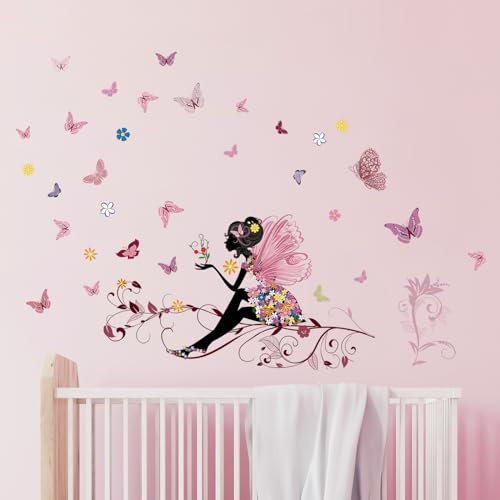Tanlaby Schmetterling Mädchen Wandtattoo Blumen Fee Wandsticker Bunte | Wandaufkleberr für Mädchen Babyzimmer Wohnzimmer Schlafzimmer Kinderzimmer Hause Wanddekoration