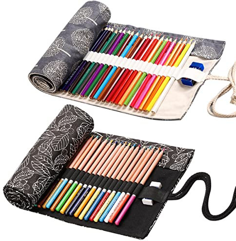 2 Stück Stifterolle Rollmäppchen 36 Löcher Stifterolle Kinder Rollmäppchen Pinsel Canvas Pinseltasche Künstler Waschbar für Aquarellstifte Bleistifte Buntstifte Schule Studenten, Blätter/Bäume