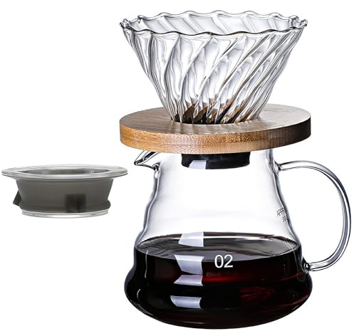 COFISUKI Cafetera para verter – Servidor de café de 600 ml con gotero de café de vidrio, elegante y elegante kit de cafetera 2 en 1 para el hogar u oficina, 1-5 tazas
