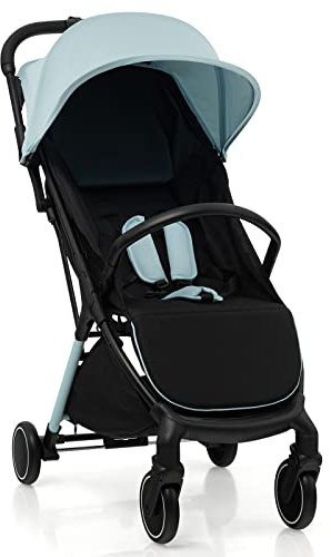 GYMAX Foldable Baby Stroller, Portable Baby Pushchair with One Hand Folding, 5-Point Safe Belt, Lockable Wheel, Adjustable Footrest, Canopy & Backrest, Travel Toddler Buggy for 0-3 Years Old (Blue)