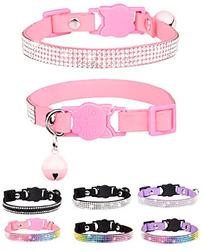 Aecllcea Katzenhalsbänder für Mädchen, Katzen mit Strass, weicher Samt, Breakaway Katzenhalsbänder mit Glöckchen, verstellbares sicheres Kätzchenhalsband (Pink)