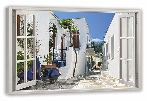 HUBDECO Leinwandbild Fensterblick Griechische Straße Bild 120x80 cm - Landschaftsbilder auf Leinwand - Wandbilder Wohnzimmer - Bild Fenster mit Ausblick - Aesthetic Room Decor - Wanddeko Schlafzimmer