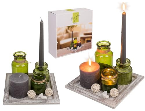 Deko Dekoteller Holzteller Weiß Naturfarben - mit Glasvase, Teelichthalter/Kerzenhalter 2in1 aus Glas, Kerze im Glas, Spitzkerze & Dekosteine - Grün Wohndekoration Tischdekoration 20 x 20 cm