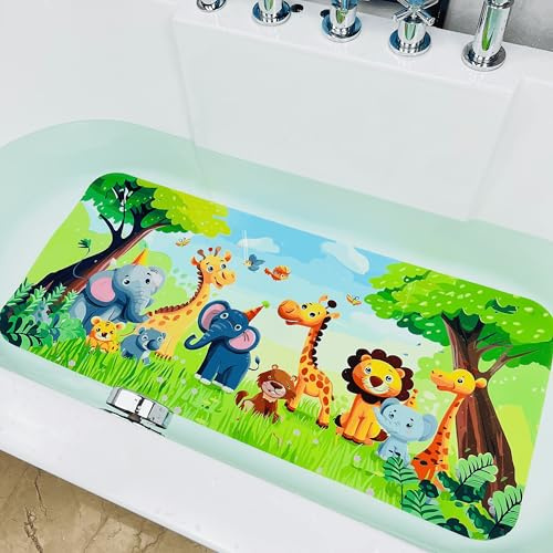 Tapis de bain antidérapant pour enfants | Motif dessins animés amusants | Tapis de bain antidérapant pour tout-petits | Grand tapis de baignoire pour bébés (animaux de la jungle)