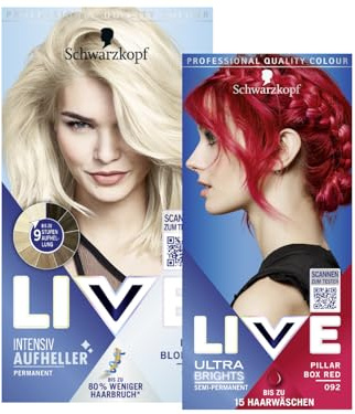 Schwarzkopf LIVE Ultra Brights Semi-Permanente Haarfarbe 092 Pillar Box Red (142 ml) intensive oder pastellige Farben & LIVE Aufheller Max Blonde 00B (142 ml) Blondierung ohne Gelbstich