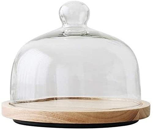 HBALDTEDC Cake Stand with Dome Lid, Dome Cake Pan, Home Cake Pan Rotatable Wooden Board Glass Cup Sushi Dessert Food Preservation Cover Dome(Khaki,20.4 * 20.4 * 16.8CM)
