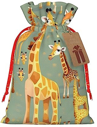 HJLUUFT Süßer Jutebeutel mit wildem Cartoon-Giraffen-Druck, Weihnachts-Geschenktüte mit Kordelzug und Geschenkanhänger, für Hochzeit, Weihnachten, Party