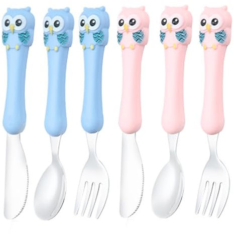 saijer 6 Pièces Couverts Enfant, Couvert Enfant en INOX 2 x Fourchettes, 2 x Cuillères, 2 x Couteaux, Couverts Bébé en Poignée Animaux pour Garçons Filles Maison l'école Utilisation (Bleu Rose)