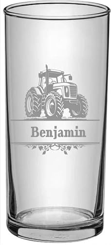 Traktor Kinder Trinkglas mit Gravur, personalisiert mit Namen, Wunschtext, Wasserglas, graviert