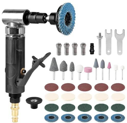 Druckluft Schleifer,Luftschleifer,Stabschleifer Druckluft,40pcs Druckluftschleifer Set,90-Grad-Biegung, mit Schleifscheibe, Wollrad-Sandscheibe, Polierkopf, Lufteinlass für Konturschleifen
