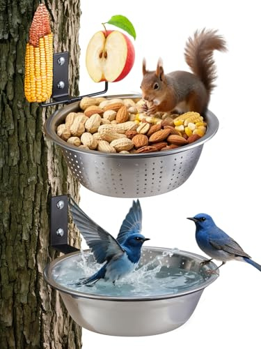 TKMSV 2 Pack 8.5/1.4L Squirrel & Bird Feeder Combo - 1 Metal Food Bowl with Colander System + 1 Water/Bath/Swim Tray | Tree/Fence Mounted Perfect for Outside | Removable Easy Clean Wildlife Delight