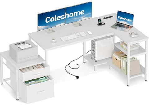 Coleshome Eckschreibtisch mit Schubladen, 160x80cm Schreibtisch L Form mit Steckdose, PC Tisch und Computertisch mit Stauraum, Umkehrbarer Bürotisch fürs Schlafzimmer, Weiß