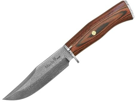 LO TRINCO YO Muela Cuchillo de lujo BRACO-11DAM.M hoja de acero damasco de 11 cm y empuñadura de madera de coral para Caza, Pesca, Supervivencia y Bushcraft.