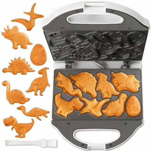 SugarWhisk Gofrera Mini, Waflera Pequeña, Mini Waflera, Mini Waffle Maker Con 8 Diseños De Dinosaurios Diferentes, Que a Los Niños Les Gusta, Blanca