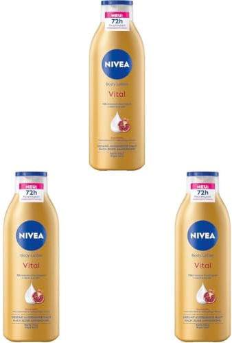 NIVEA Body Lotion Vital, nährende Körpercreme für reife Haut mit Granatapfel, Macadamiaöl & NIVEA Tiefenpflege Serum, Hautcreme für 72h intensive Feuchtigkeit (250 ml) (Packung mit 3)