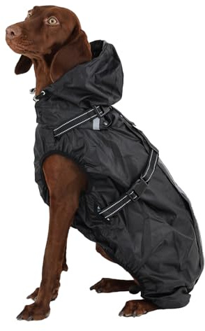 OUOBOB Hunderegenmantel wasserdicht, Regenjacke mit reflektierenden Streifen, H-Brustgeschirr (D-Ring) & Abnehmbarer Kapuze mit Visier, Ideal für große/Sehr große Hunde [Schwarz, Größe 4XL]