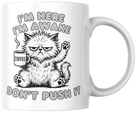 Funny Mug for Work Cat CMUG821 | Coffee Cup, Office Humour Gift, For Colleague Friend, I'm Here I'm Awake Don't Push It Grumpy