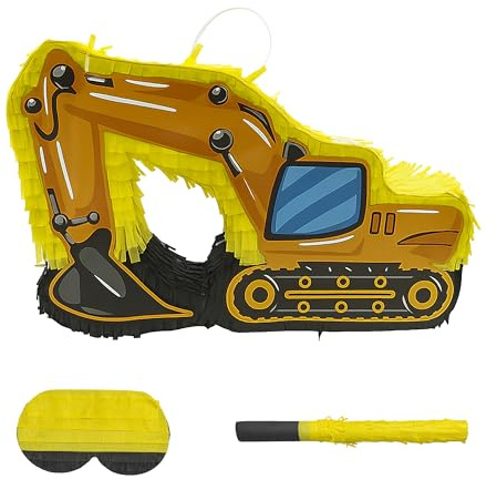 Relaxdays Pinata Baustelle mit Stab & Maske, Partypinata Kinder, Geburtstag, Bagger zum Befüllen, HBT 26,5x41x8 cm, bunt