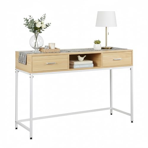Relaxdays konsolbord, HBT 80 x 120 x 40 cm, förvaringsbord 2 lådor, hall och vardagsrum, Skandi, metall och MDF, vit/natur