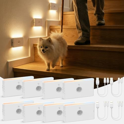 LED Nachtlicht Dimmbar mit Bewegungsmelder & Dämmerungssensor Akku 8 Stück | 3 Modi Auto EIN/AUS Nachtlampe USB Aufladbar, 3 Farbtemperatur Treppenbeleuchtung Innen für Kinderzimmer, Flur, Schlafzimmer