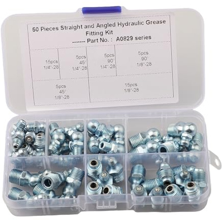 Opatiny Set di 50 raccordi idraulici angolati in acciaio al carbonio con custodia in plastica per lubrificazione delle apparecchiature, 50 pezzi, 1/4 1/8, 45°/90°/180°