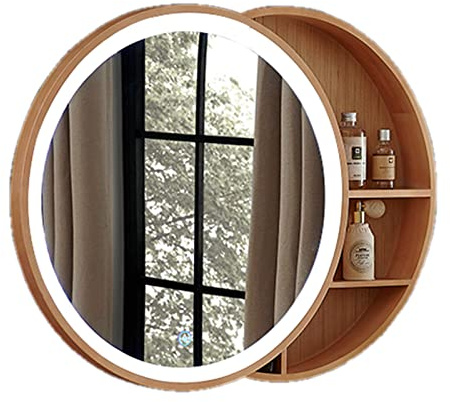 Armadietto da bagno a parete con specchio ovale in legno massello e luce anti-appannamento per il trucco, soluzione elegante per riporre oggetti da bagno e toilette