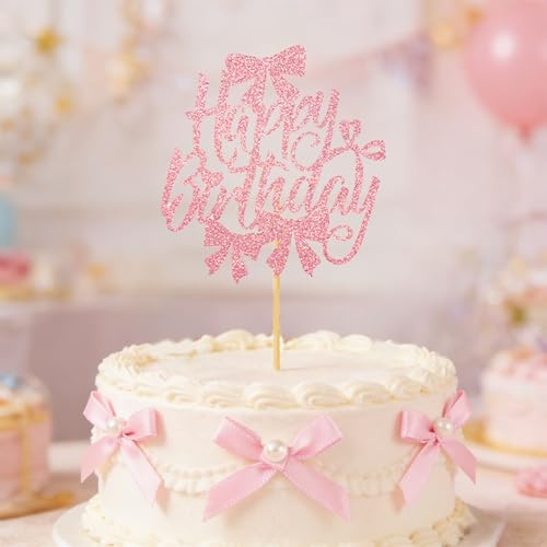 13 Piece Pink Bow Birthday Cake Decorations Set - Happy Birthday Sign & 12 Bows - Reusable Non-Edible Cupcake Toppers for Party Decor
