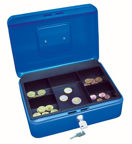 Wedo 145303X Geldkassette (aus pulverbeschichtetem Stahl, versenkbarer Griff, 5-Fächer-Münzeinsatz, Sicherheits-Zylinderschloss, 25 x 18 x 9 cm) blau