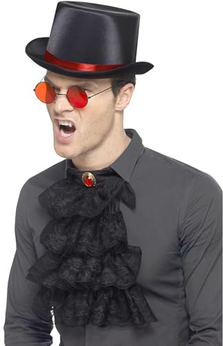 Smiffys Kit gótico, Rojo y negro, con sombrero de copa con borde interior elástico, gafas y gola Halloween, Carnaval