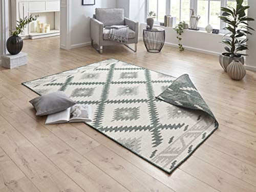 NORTHRUGS In- und Outdoor Teppich Malibu 200x290cm - Wendeteppich Wetterfest Modern Geometrisches Muster Läufer für Balkon Terrasse Garten Wintergarten Wohnzimmerteppich Wasserfest in Grün Creme