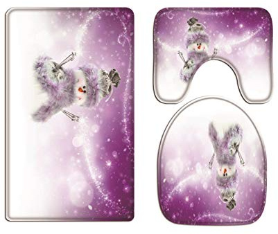 A.Monamour Badezimmer Badematte 3 Teilig Set Lila Bokeh Sternenhintergründe Niedlichen Schneemann Weihnachten Kunst Dekore Flanell Saugfähig Badteppiche Badvorleger Badgarnitur Wc Vorleger