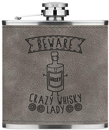 Attention Crazy Whisky Lady 6oz Cuir PU Hip Flasque Gris Luxe