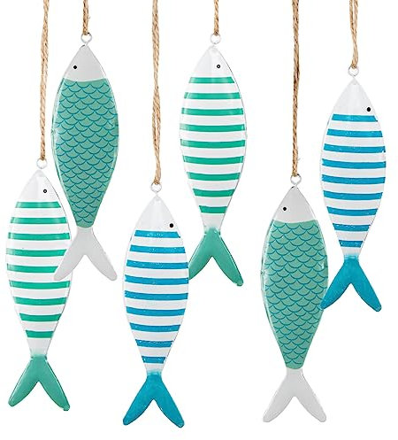 Maritime Fische zum Aufhängen, 6 Stück: Maritim-Deko aus Metall, Meeres-Dekoration Badezimmer & Wohnzimmer, Meer, Strand, Sommer, Bad Hängedeko, Maritimdeko Innen & Geschenke, Baddeko, 12 x 3,5 cm
