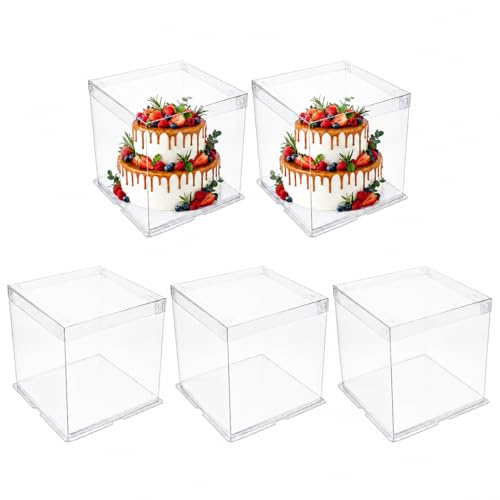 Cabilock 5Pcs Clear Cake Boxes, Transparent Cake Containers with Lids, Gift Packaging Boxes Carriers without Ribbons for Valentine's Day, Birthday, Wedding, Baby Shower Party Favors, 10 inch