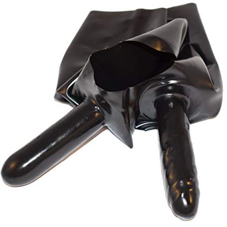 Rubberfashion Latex Hotpants - Sexy Rubber Slip - Short Latex Slip with Internal Condom and Anal Dildo - Latex Lingerie Women Black 0.4mm M