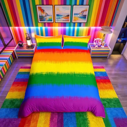 Loussiesd Rainbow Bedding Set Colorful Rainbow Duvet Cover Set for Kids Boys Girls Multicolor Comforter Cover Ultra Soft Quilt Cover 1 Duvet Cover Single Size